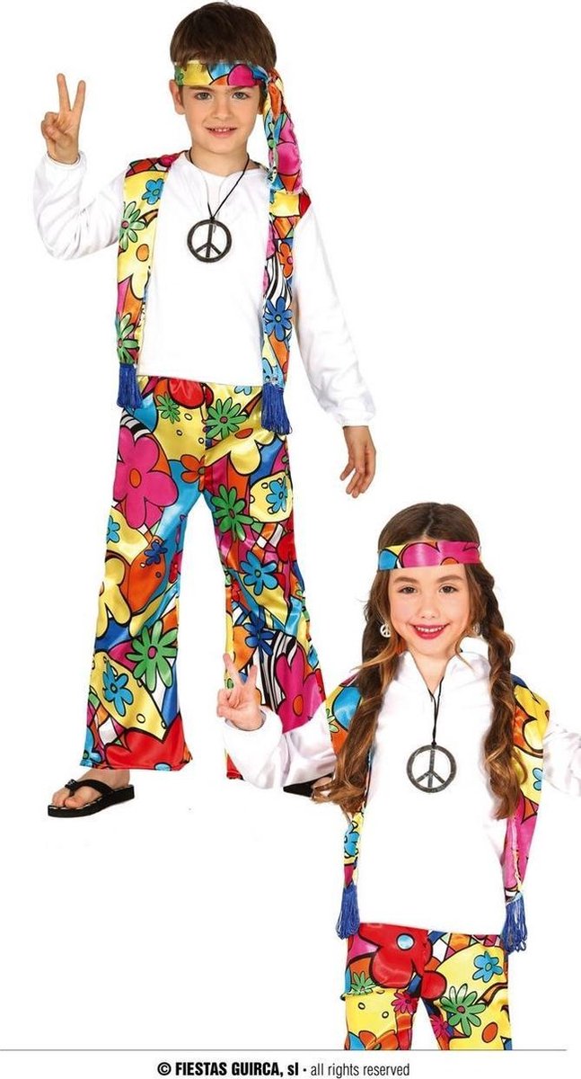 Hippie Kostuum | Flower Power Bloemenkind Wil Vrede Kind Kostuum | Maat 176 | Carnaval kostuum | Verkleedkleding